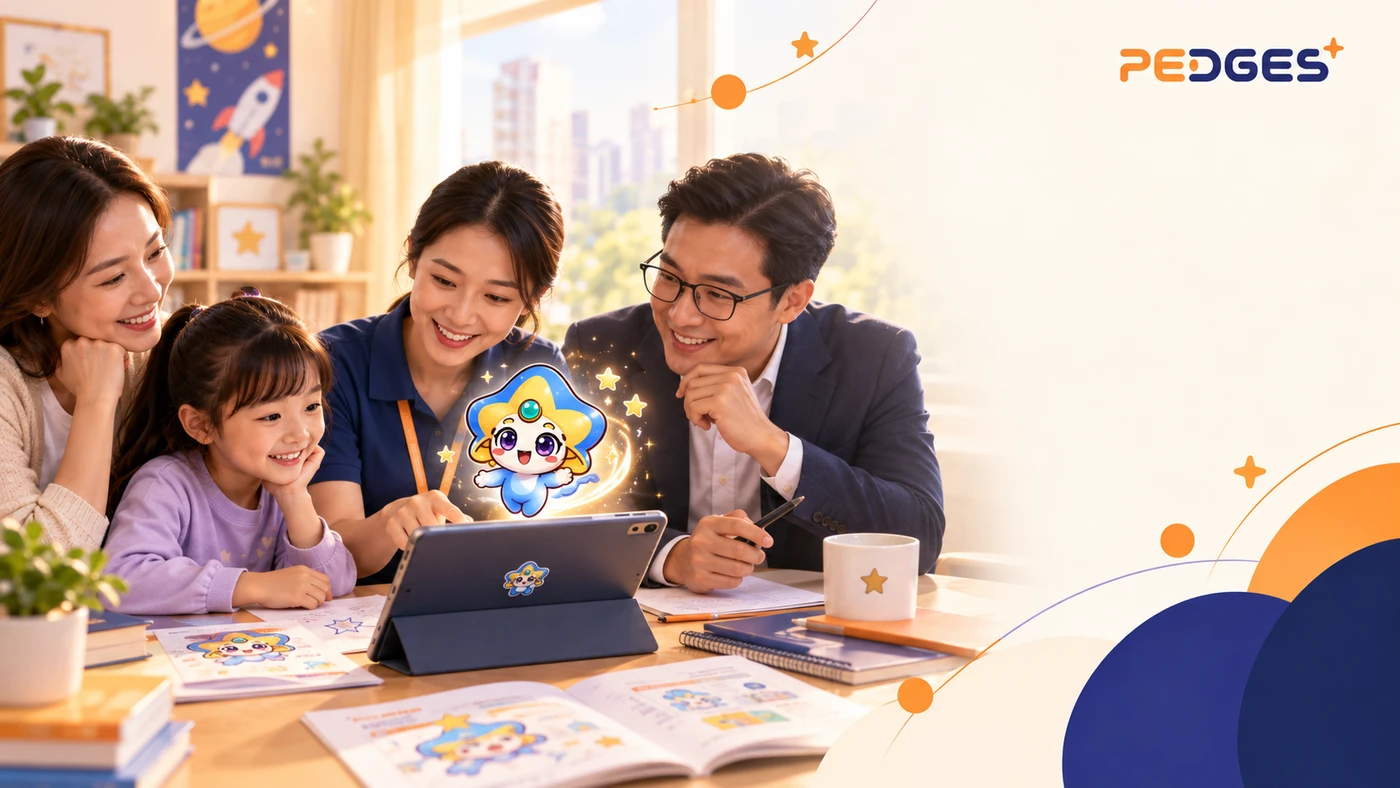 A child, a parent, and adult guides gathered around a learning experience, showing PEDGES' blend of playful technology, learning design, and real-world support.