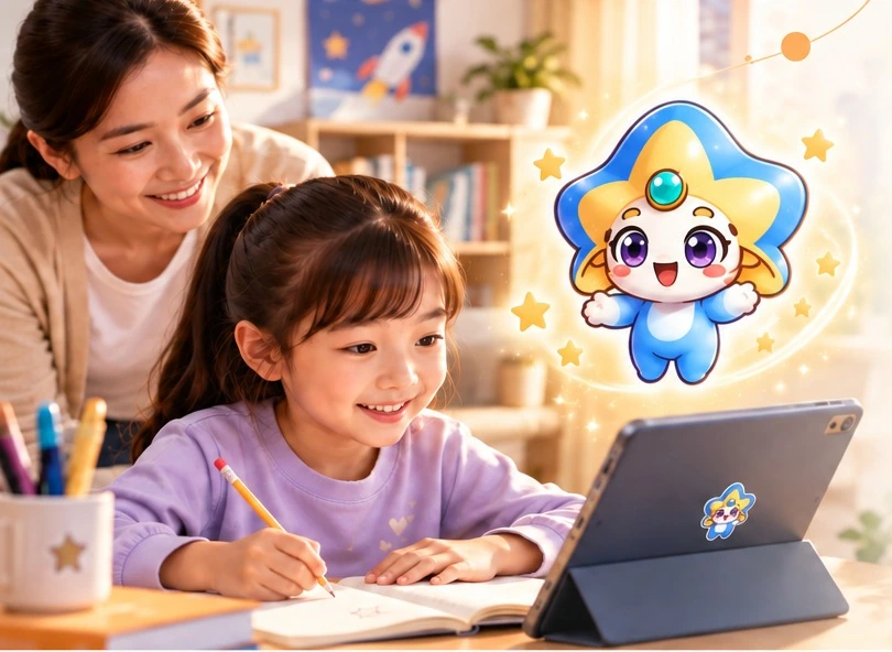 A child working on her writing with PiBA nearby and a supportive adult beside her.