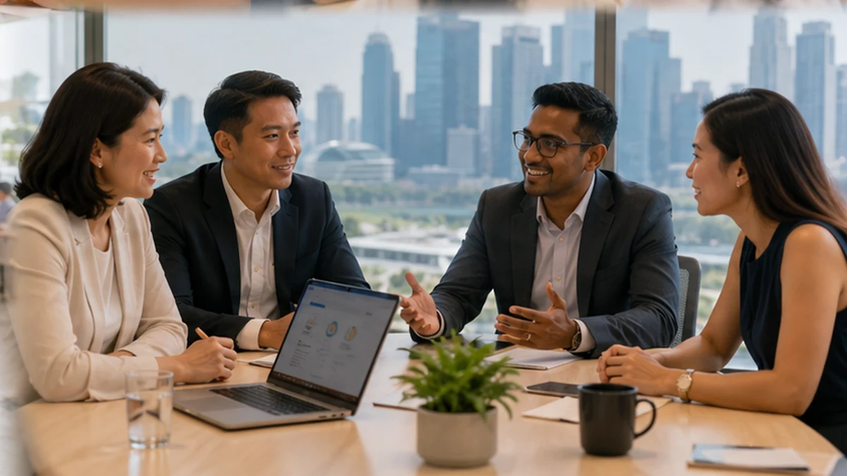 Education and strategic partners in conversation around a shared table in Singapore.