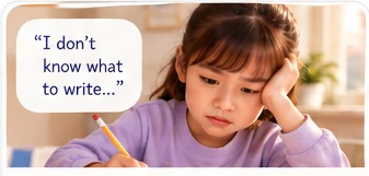 A learner looking stuck while writing.